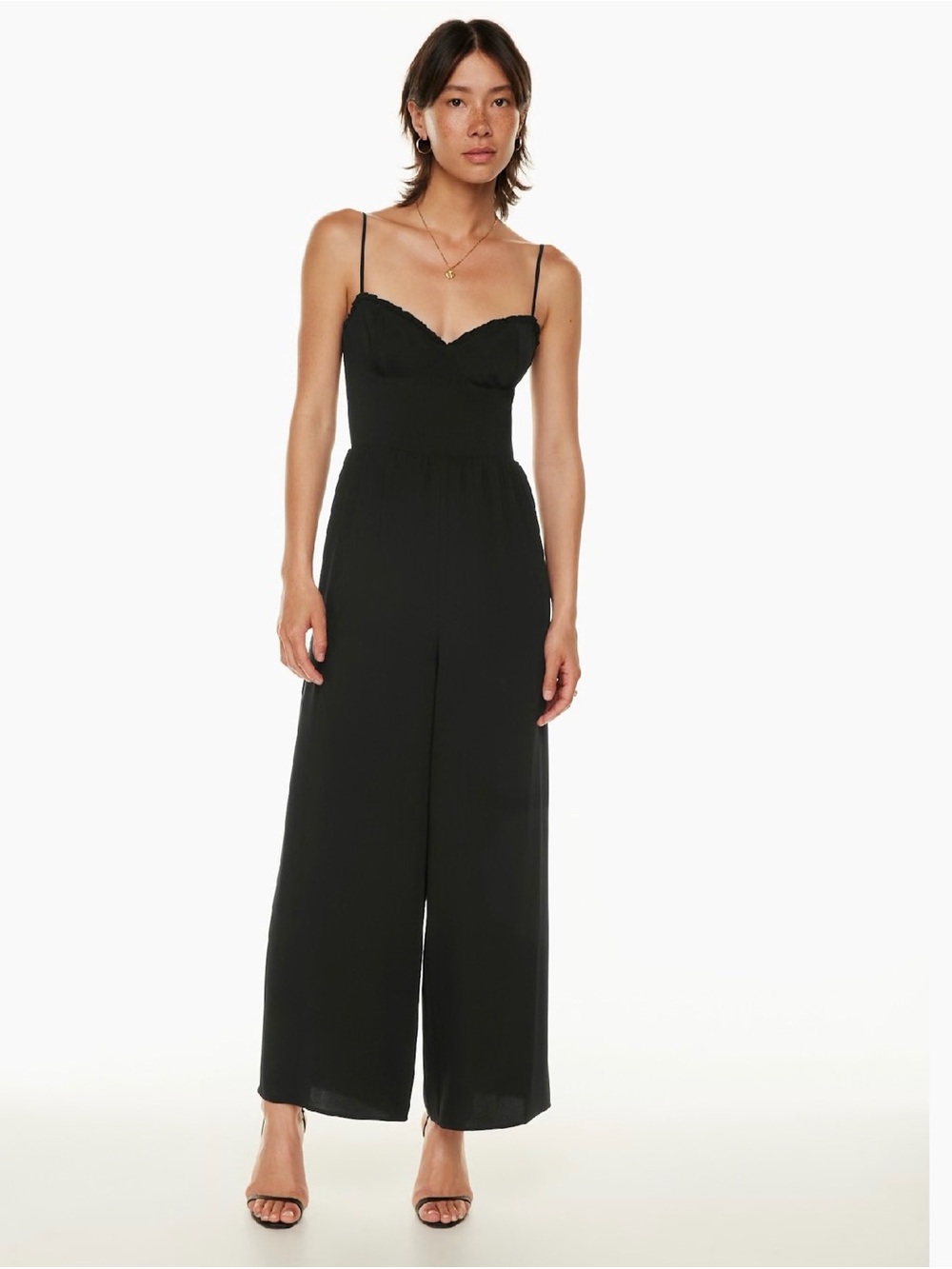 NWT Aritzia Wilfred Fable Jumpsuit Black Wide Leg Ruffle Bustier Size 4